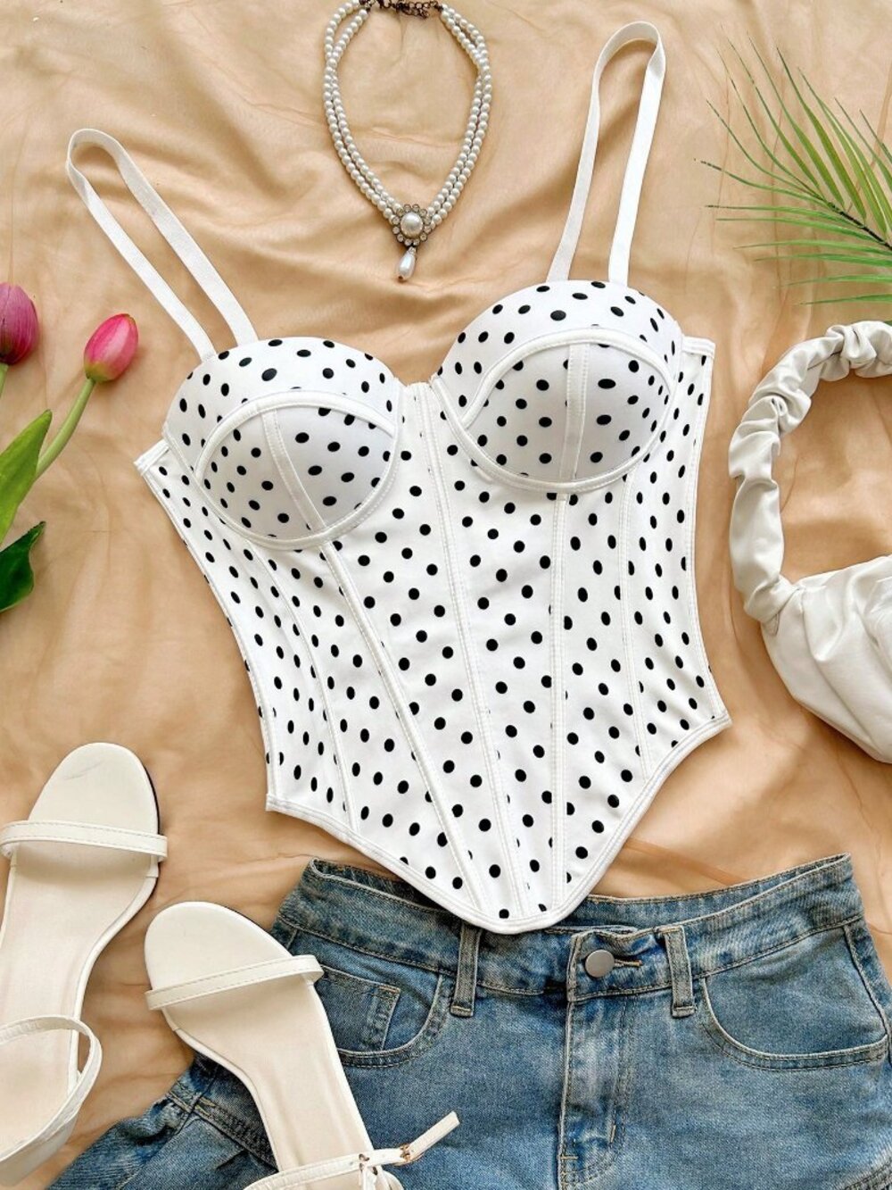 White Casual Women's Asymmetrical Lace-Up Spaghetti Strap Geometric Corset Top